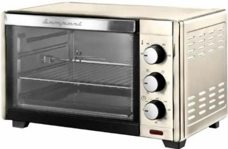 Exterior view of a modern open-top microwave oven with control knobs and a red indicator button (no visible text or symbols)