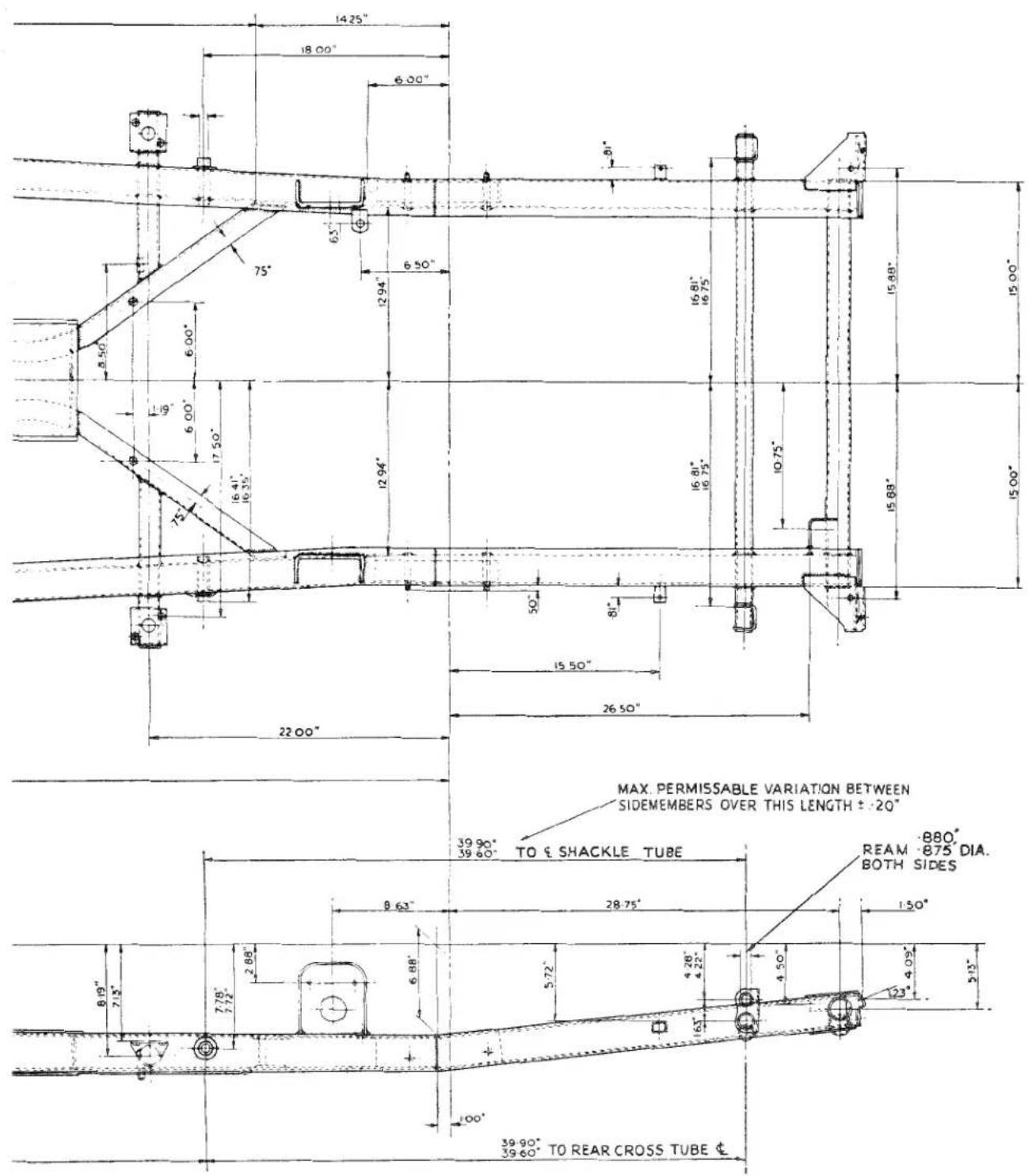 14.25" 18.00" 6.00" 6.50" 75" 12.94" 6.00" 19" 6.00" 17.50" 16.41" 16.35" 12.94" 16.81" 16.75" 16.81" 16.75" 10.75" 15.88" 15.00" 22.00" 50" 81" 15.50" 26.50" MAX. PERMISSABLE VARIATION BETWEEN SIDEMEMBERS OVER THIS LENGTH ± .20" 39.90° 39.80° TO C SHACKLE TUBE REAM -880° -875 DIA. BOTH SIDES 39.90° 39.60° TO REAR CROSS TUBE C