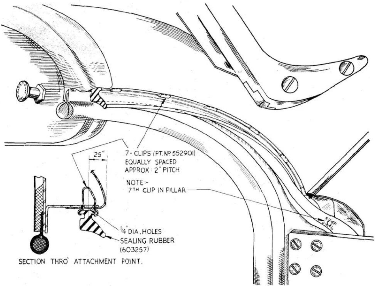 7 - CLIPS (PT.N° 552901) EQUALLY SPACED APPROX: 2" PITCH NOTE: 7TH CLIP IN PILAR 1/4 DIA. HOLES SEALING RUBBER (603257) SECTION THRO' ATTACHMENT POINT.