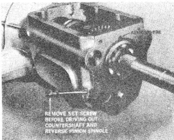 REMOVE SET SCREW BEFORE DRIVING OUT COUNTERSHAFT AND REVERSE PINION SPINDLE