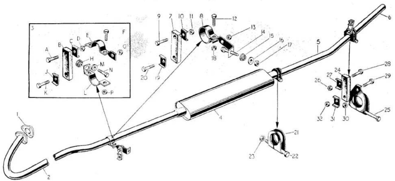 Technical diagram of a mechanical assembly with numbered parts and an inset view of components labeled A through F.