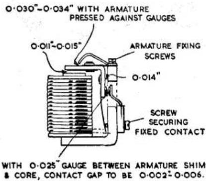 O·O30"-O·O34" WITH ARMATURE PRESSED AGAINST GAUGES O·O11"-O·O15" ARMATURE FIXING SCREWS O·O14" SCREW SECURING FIXED CONTACT WITH O·O25" GAUGE BETWEEN ARMATURE SHIM & CORE, CONTACT GAP TO BE O·O02"-O·O06.