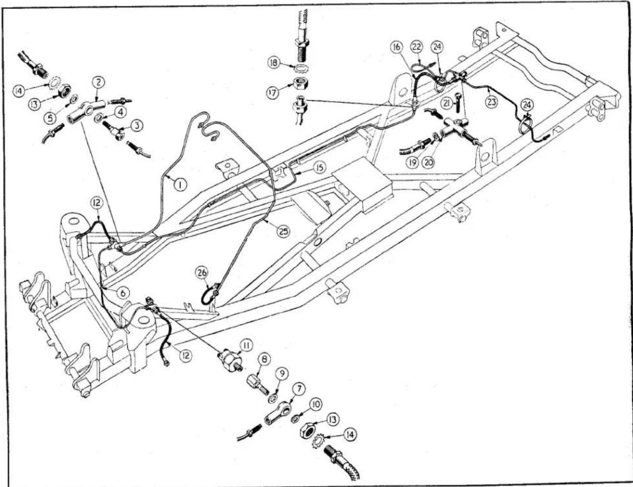 Technical diagram of a vehicle chassis with numbered components for identification and assembly reference.