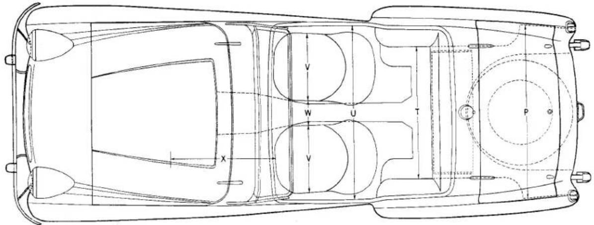 Technical schematic diagram of a vehicle's rear view with labeled components and dimensions