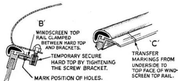 B' WINDSCREEN TOP RAIL CLAMPED BETWEEN HARD TOP AND BRACKETS. TEMPORARY SECURE HARD TOP BY TIGHTENING THE SCREW BRACKET. MARK POSITION OF HOLES. C' TRANSFER MARKINGS FROM UNERSIDE TO TOP FACE OF WIND- SCREEN TOP RAIL.