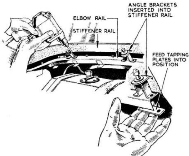 ELBOW RAIL STIFFENER RAIL ANGLE BRACKETS INSERTED INTO STIFFENER RAIL FEED TAPPING PLATES INTO POSITION