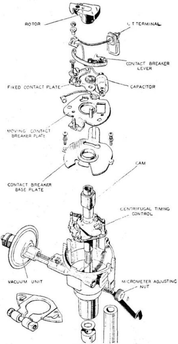 ROTOR LET TERMINAL CONTACT BREAKER LEVER CAPACITOR FIXED CONTACT PLATE MOVING CONTACT BREAKER PLATE CAM CONTACT BREAKER BASE PLATE CENTRIFUGAL TIMING CONTROL VACUUM UNIT MICROMETER ADJUSTING NUT