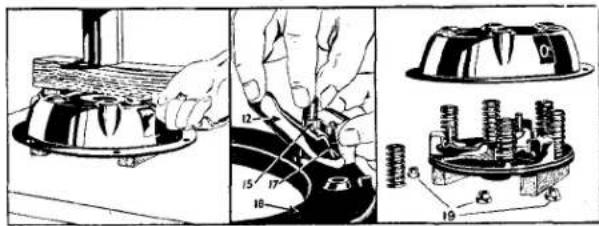Technical diagram showing mechanical assembly steps with numbered components and labeled parts
