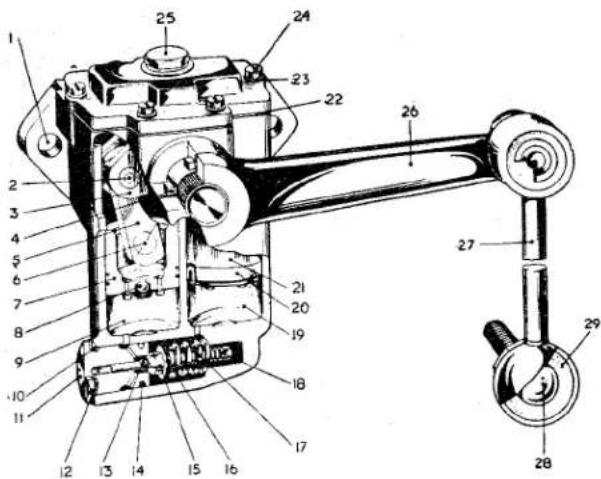 Technical diagram of a mechanical device with numbered components for identification