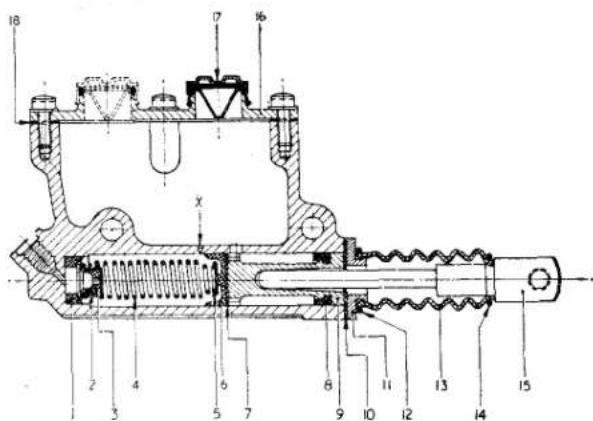 Technical schematic diagram of a mechanical assembly with numbered components and cross-sectional views