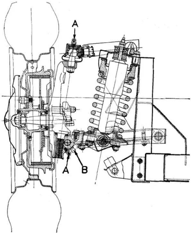 Technical schematic diagram of a mechanical assembly with labeled components A and B
