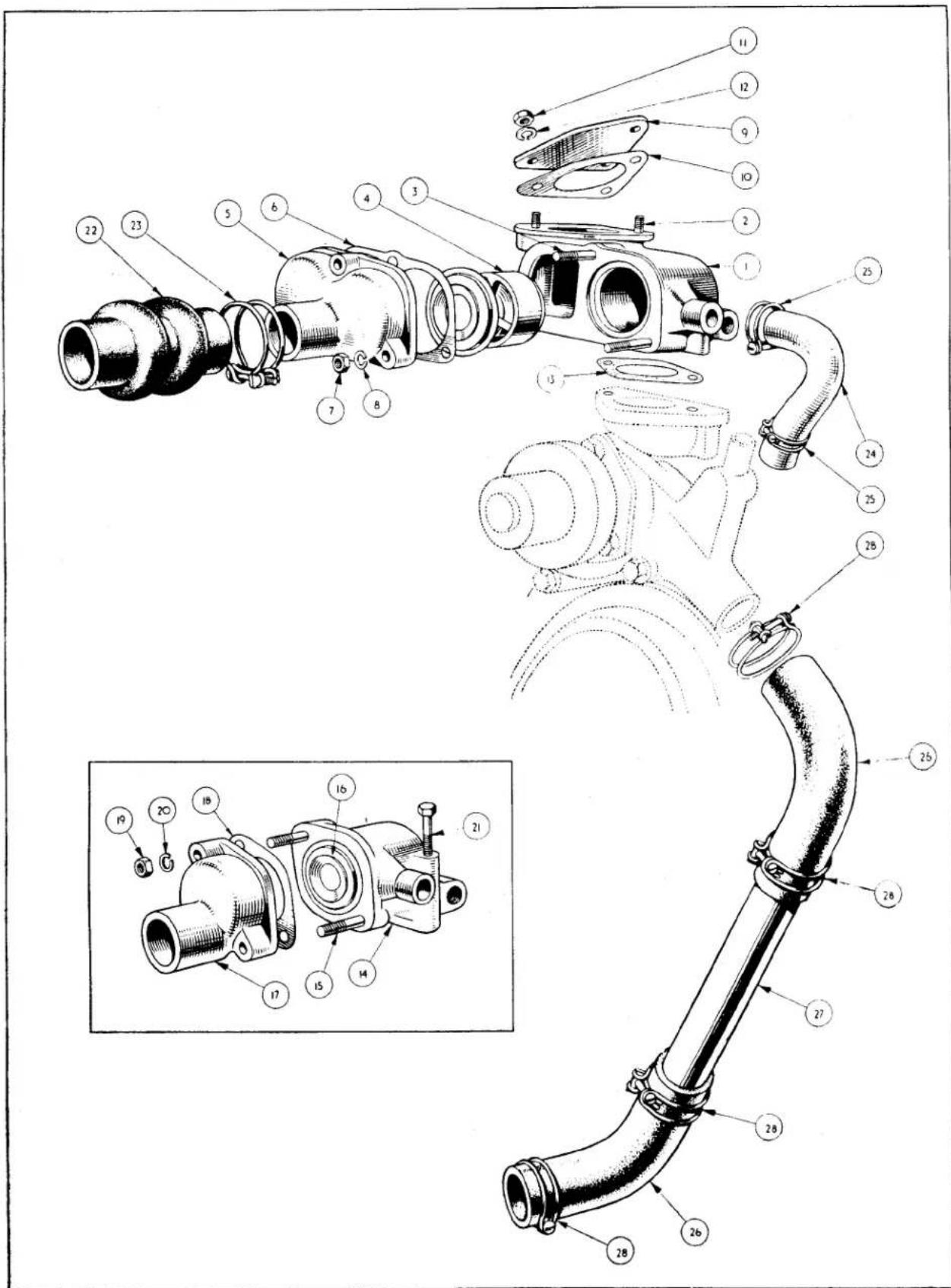 Technical diagram of a turbocharger assembly with numbered components and exploded view