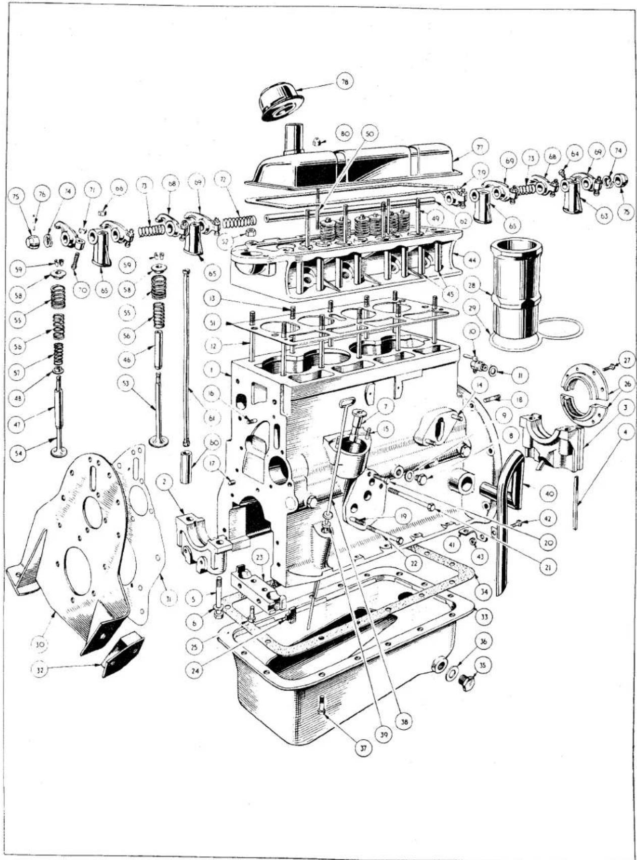 Exploded view diagram of an internal combustion engine with numbered components for identification