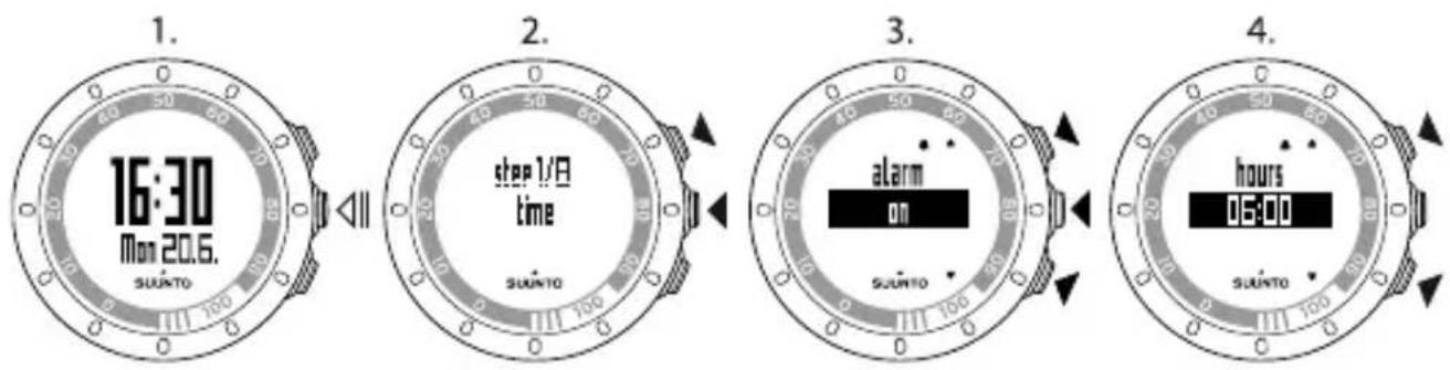 1. 16:30 Mon 20.6. SUANTO step 1/8 time SUANTO 3. alarm on SUANTO 4. hours 05:00 SUANTO