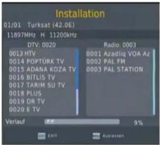 Installation 01/01 Turksat (42.0E) 11897MHz H 11200kHz DTV: 0020 0013 HTV 0014 POPTÜRK TV 0015 ADANA KOZA TV 0016 BITLIS TV 0017 TARIM SU TV 0018 PLUS 0019 DR TV 0020 E TV Radio: 0003 0001 Azadliq VDA Az 0002 PAL FM 0003 PAL STATION Verlauf EXIT 9% Austaven