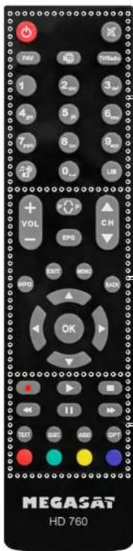FAV TVMe 1 2 3 4 5 6 7 8 9 0 LIB + VOL - EPG CH EXIT DOWN BACK OK M TFT SUBS ADD OPT MEGASAT HD 760