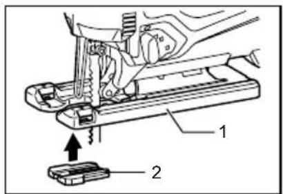 Technical diagram showing a sewing machine tool with labeled parts 1 and 2, indicating assembly or repair instructions.