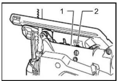 Technical diagram of a mechanical assembly with labeled parts 1 and 2