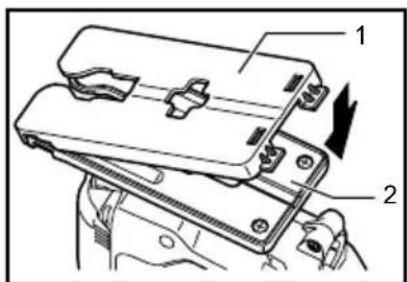 Technical diagram showing a mechanical assembly with labeled parts 1 and 2, including a directional arrow indicating movement or force.