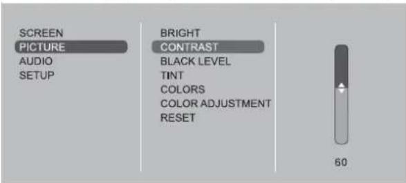 SCREEN PICTURE AUDIO SETUP BRIGHT CONTRAST BLACK LEVEL TINT COLORS COLOR ADJUSTMENT RESET 60