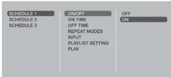 SCHEDULE 1 SCHEDULE 2 SCHEDULE 3 ON/OFF ON TIME OFF TIME REPEAT MODES INPUT PLAYLIST SETTING PLAY OFF ON