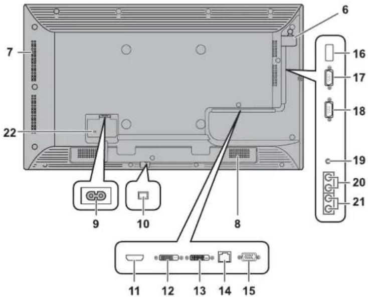 Labeled diagram of a computer monitor rear panel showing ports, connectors, and internal components