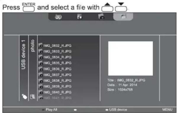 Press ENTER and select a file with USB device 1 photo IMG_0832_R.JPG IMG_0833_R.JPG IMG_0834_R.JPG IMG_0835_R.JPG IMG_0836_R.JPG IMG_0837_R.JPG IMG_0838_R.JPG IMG_0839_R.JPG IMG_0840_R.JPG IMG_0841_R.JPG Title: IMG_0832_R.JPG Data : 11 Apr. 2014 Size: 1024x768 Play All USB device MENU