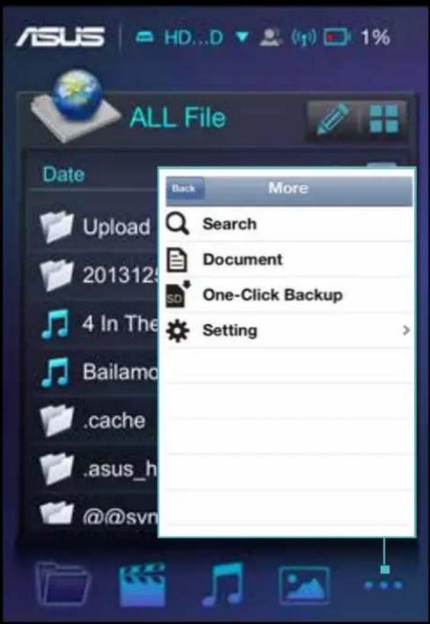 ASUS HD...D 1% ALL File Date Upload 2013125 4 In The Bailamo .cache .asus_h @@svn Back More Search Document One-Click Backup Setting >