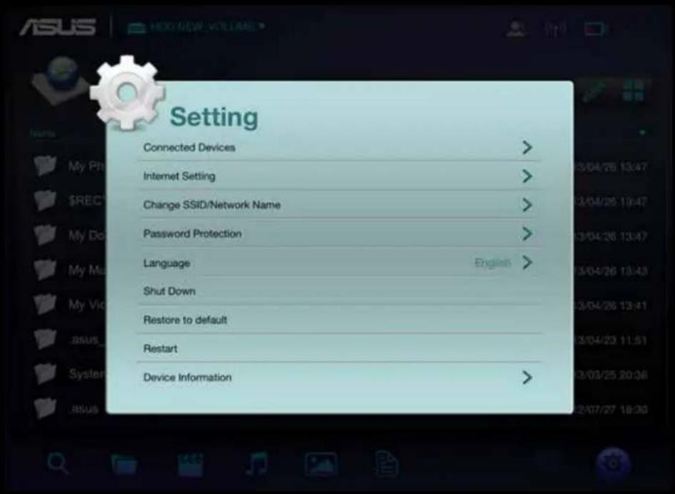 Setting Connected Devices > Internet Setting > Change SSID/Network Name > Password Protection > Language English > Shut Down Restore to default Restart Device Information >