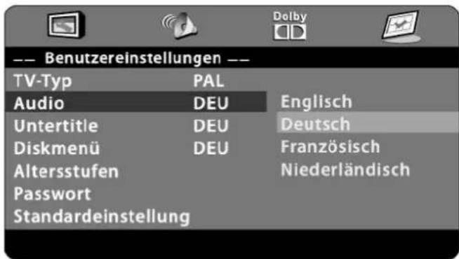 -- Benutzereinstellungen -- TV-Typ PAL Audio DEU Englisch Untertitle DEU Deutsch Diskmenü DEU Französisch Altersstufen Passwort Niederländisch Standardeinstellung
