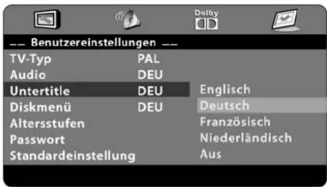 --- Benutzereinstellungen --- TV-Typ PAL Audio DEU Untertitle DEU Englisch Diskmenü DEU Deutsch Altersstufen Französisch Passwort Niederländisch Standardeinstellung Aus