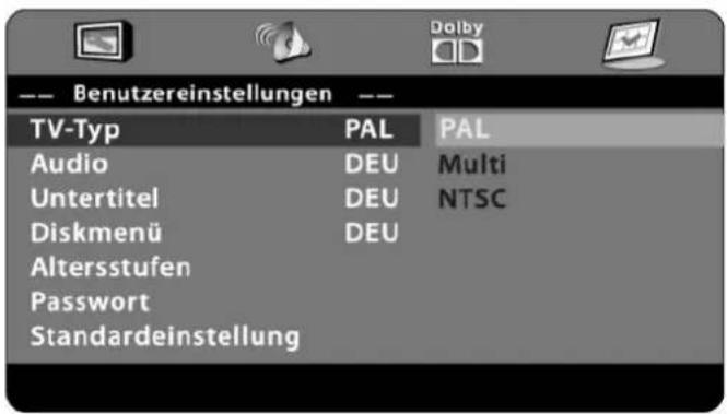 -- Benutzereinstellungen -- TV-Typ PAL PAL Audio DEU Multi Untertitel DEU NTSC Diskmenü DEU Altersstufen Passwort Standardeinstellung