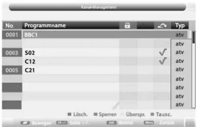 Kanai-Management No. Programmname Typ 0001 BBC1 ativ atv 0003 S02 ✓ ativ C12 ✓ ativ 0005 C21 ativ ativ ativ ativ ativ ativ ativ Lösch. Sperren Überspr. Tausc. Bewegen Seite Ent Beend Zurück