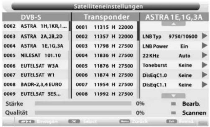 Satelliteneinstellungen DVB-S Transponder ASTRA 1E,1G,3A 0002 ASTRA 1H,1KR,1... 0001 11315 H 22000 0003 ASTRA 2A,2B,2D 0002 11357 H 22000 LNB Typ 9750/10600 0004 ASTRA 1E,1G,3A 0003 11798 H 27500 LNB Power Ein 0005 NILESAT 101.10 0004 11836 H 27500 22 KHz Auto 0006 EUTELSAT W3A 0005 11876 H 27500 Toneburst Keine 0007 EUTELSAT W1 0006 11874 H 27500 DisEqC1.0 Keine 0008 BADR-2,3,4 EURO 0007 11954 H 27500 DisEqC1.1 Keine 0009 EUTELSAT SES... 0008 11992 H 27500 Stärke 0% Bearb. Qualität 0% Scannen OK Bewegän OK Select Manz Zürück End Fend