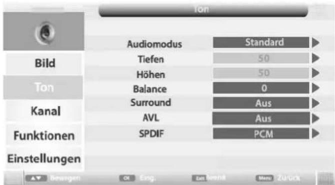 Ton Bild Ton Kanal Funktionen Einstellungen Audiomodus Standard Tiefen 50 Höhen 50 Balance 0 Surround Aus AVL Aus SPDIF PCM ▲ Besagen OK Eng. Ein Bemmel Menu Zurück