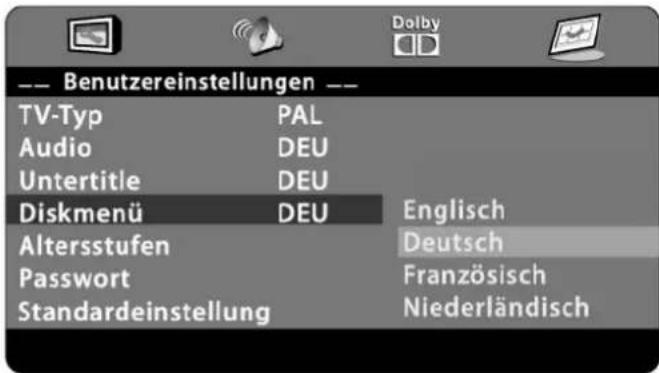 -- Benutzereinstellungen -- TV-Typ PAL Audio DEU Untertitle DEU Diskmenü DEU Englisch Altersstufen Deutsch Passwort Französisch Standardeinstellung Niederländisch