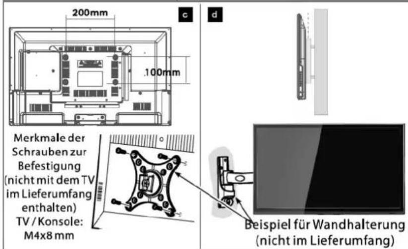 200mm 100mm c d Merkmale der Schrauben zur Befestigung (nicht mit dem TV im Lieferumfang enthalten) TV / Konsole: M4x8 mm Beispiel für Wandhalterung (nicht im Lieferumfang)