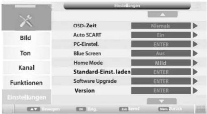 Einstellungen Bild Ton Kanal Funktionen Einstellungen OSD-Zeit Auto SCART PC-Einstel. Blue Screen Home Mode Standard-Einst. laden Software Upgrade Version Niemals Ein ENTER Aus Mild ENTER ENTER ENTER Bewegen OK Eng. Last Brand Menu: Zurück