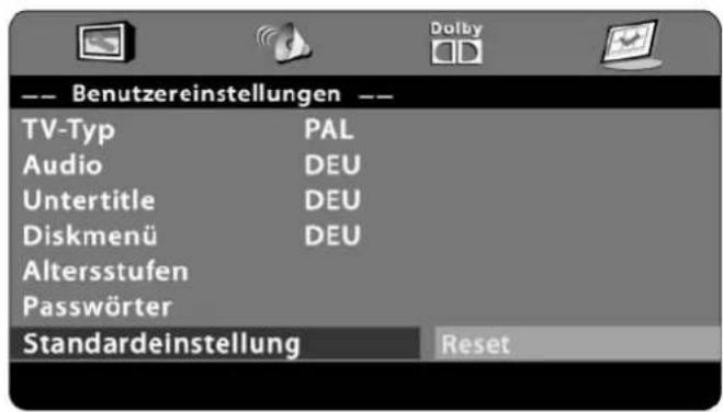 -- Benutzereinstellungen -- TV-Typ PAL Audio DEU Untertitle DEU Diskmenü DEU Altersstufen Passwörter Standardeinstellung Reset