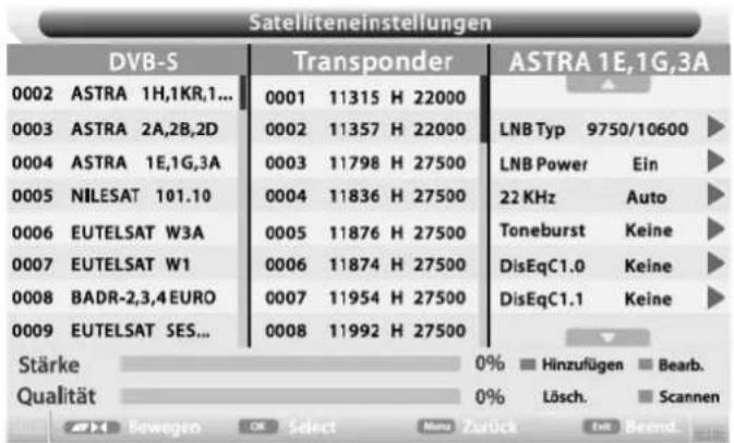 Satelliteneinstellungen DVB-S Transponder ASTRA 1E,1G,3A 0002 ASTRA 1H,1KR,1... 0001 11315 H 22000 0003 ASTRA 2A,2B,2D 0002 11357 H 22000 LNB Typ 9750/10600 0004 ASTRA 1E,1G,3A 0003 11798 H 27500 LNB Power Ein 0005 NILESAT 101.10 0004 11836 H 27500 22 KHz Auto 0006 EUTELSAT W3A 0005 11876 H 27500 Toneburst Keine 0007 EUTELSAT W1 0006 11874 H 27500 DisEqC1.0 Keine 0008 BADR-2,3,4 EURO 0007 11954 H 27500 DisEqC1.1 Keine 0009 EUTELSAT SES... 0008 11992 H 27500 Stärke 0% Hinzufügen Bearb. Qualität 0% Lösch. Scannen Bewegen OK Select Name Zurück Det Beend