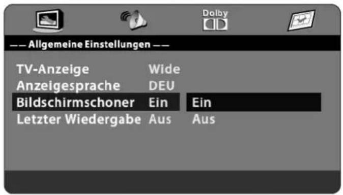 Allgemeine Einstellungen --- TV-Anzeige Wide Anzeigesprache DEU Bildschirmschoner Ein Ein Letzter Wiedergabe Aus Aus