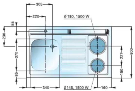305 220 Ø 180, 1500 W 55 230 370 85 340 Ø145, 1500 W 160 227 150 600