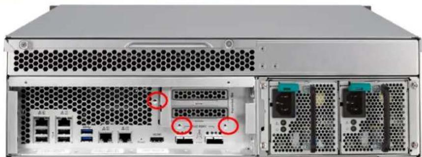 Front view of a server rack with multiple ports and connectors, showing internal hardware layout (no visible text or labels)