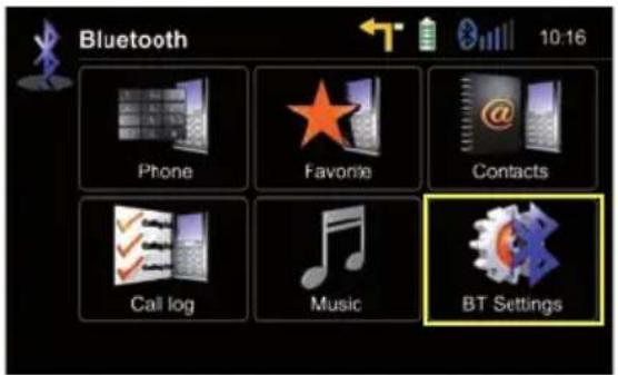 Bluetooth Phone Favorite Contacts Call log Music BT Settings
