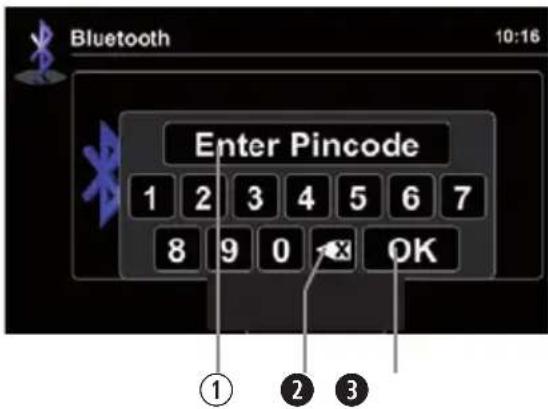 Bluetooth 10:16 Enter Pincode 1 2 3 4 5 6 7 8 9 0 OK ① ② ③
