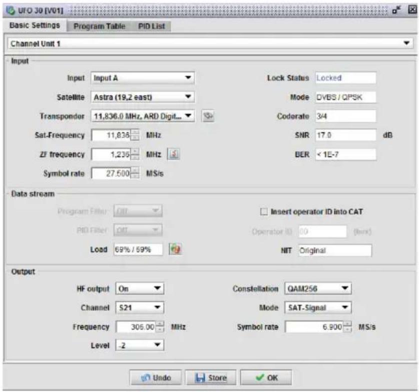 UFO J0 [V01] Basic Settings Program Table PID List Channel Unit 1 Input Input Input A Lock Status Locked Satellite Astra (19,2 east) Mode DVBS/QPSK Transponder 11,836.0 MHz, ARD Digit... Code rate 3/4 Sat-Frequency 11,836 MHz SNR 17.0 dB ZF frequency 1,236 MHz BER < 1E-7 Symbol rate 27.500 MS/s Data…