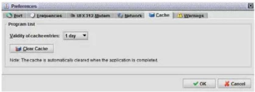 Preferences Port Frequencies UFX 312 Modem Network Cache Warniegs Program List Validity of cache entries: 1 day Clear Cache Note: The cache is automatically cleared when the application is completed. OK Cancel
