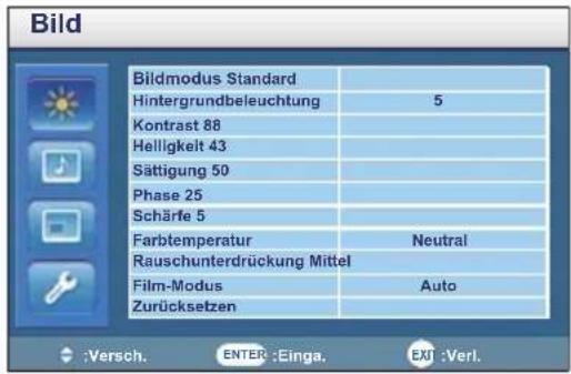 Bild Bildmodus Standard Hintergrundbeleuchtung 5 Kontrast 88 Helligkeit 43 Sättigung 50 Phase 25 Schärfe 5 Farbtemperatur Neutral Rauschunterdrückung Mittel Film-Modus Auto Zurücksetzen ;Versch. ENTER:Einga. EXIT:Verl.