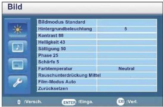 Bild Bildmodus Standard Hintergrundbeleuchtung 5 Kontrast 88 Helligkeit 43 Sättigung 50 Phase 25 Schärfe 5 Farbtemperatur Neutral Rauschunterdrückung Mittel Film-Modus Auto Zurücksetzen