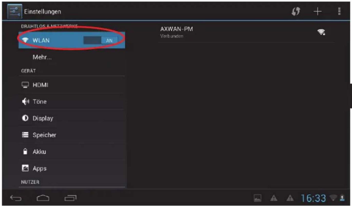Einstellungen DRAHTLOS & NETZWERKE WLAN ANS Mehr... GERAT HDMI Töne Display Speicher Akku Apps NUTZER AXWAN-PM Verbunden 16:33